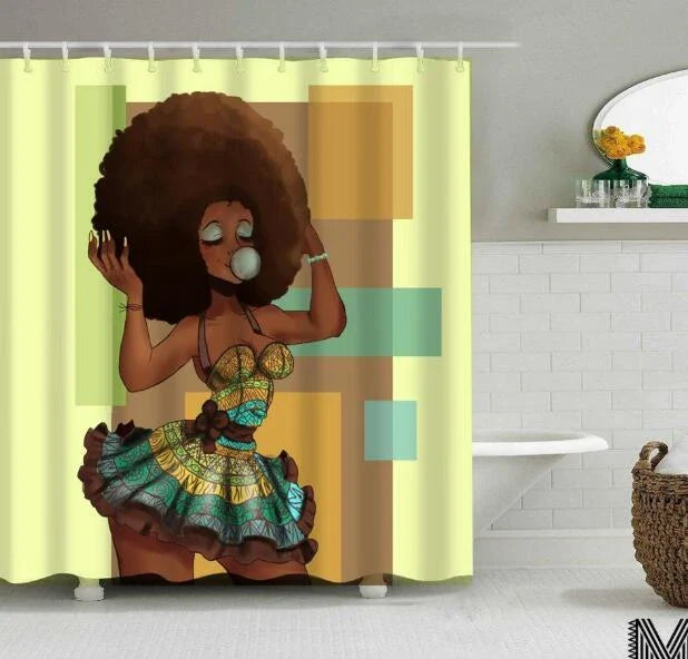 Colorful African girl portrait with graffiti art and modern buildings on a shower curtain