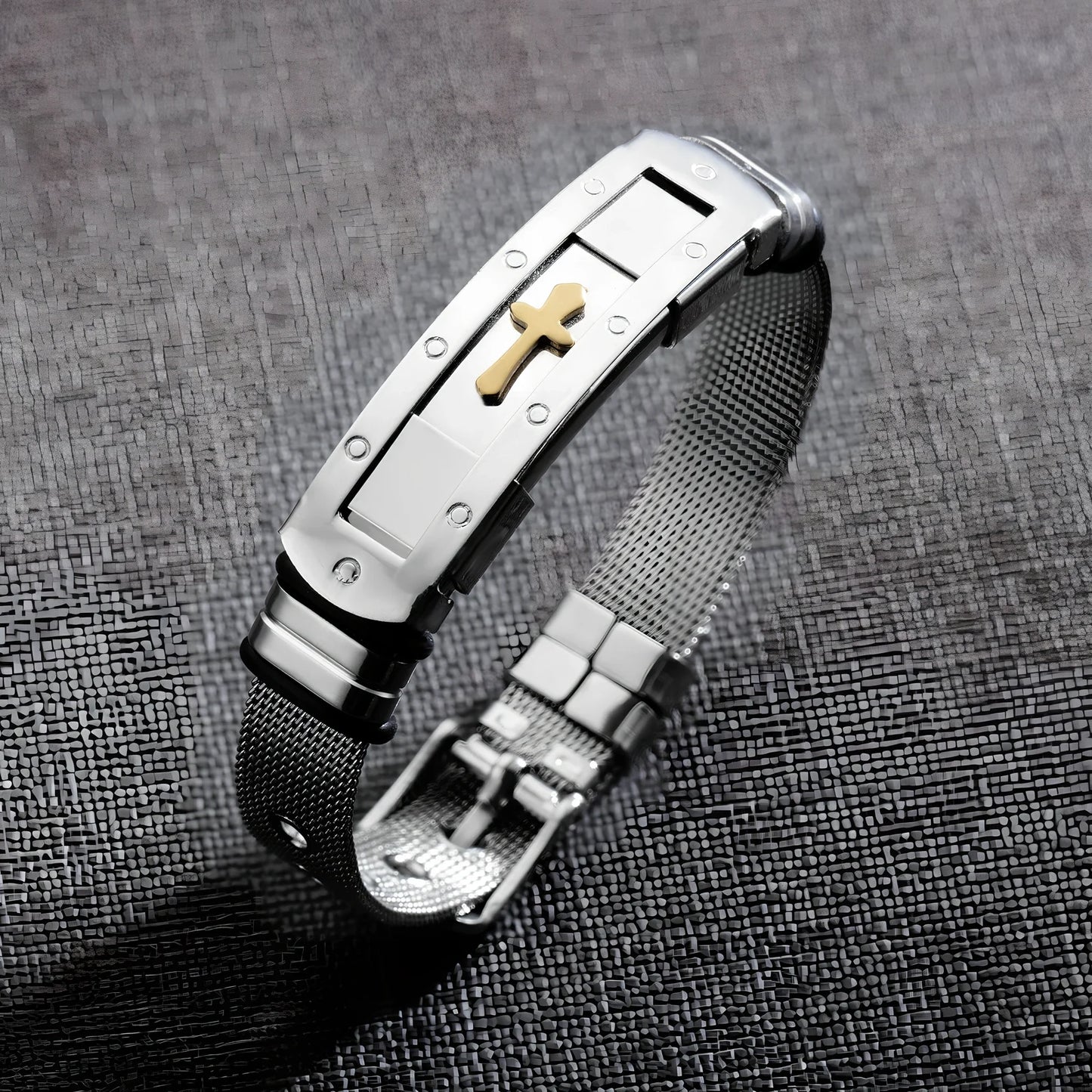 Men's adjustable stainless steel cross Bible charm bracelet, 12mm width, 17.5-22cm length, rust-resistant 316L metal with rope chain