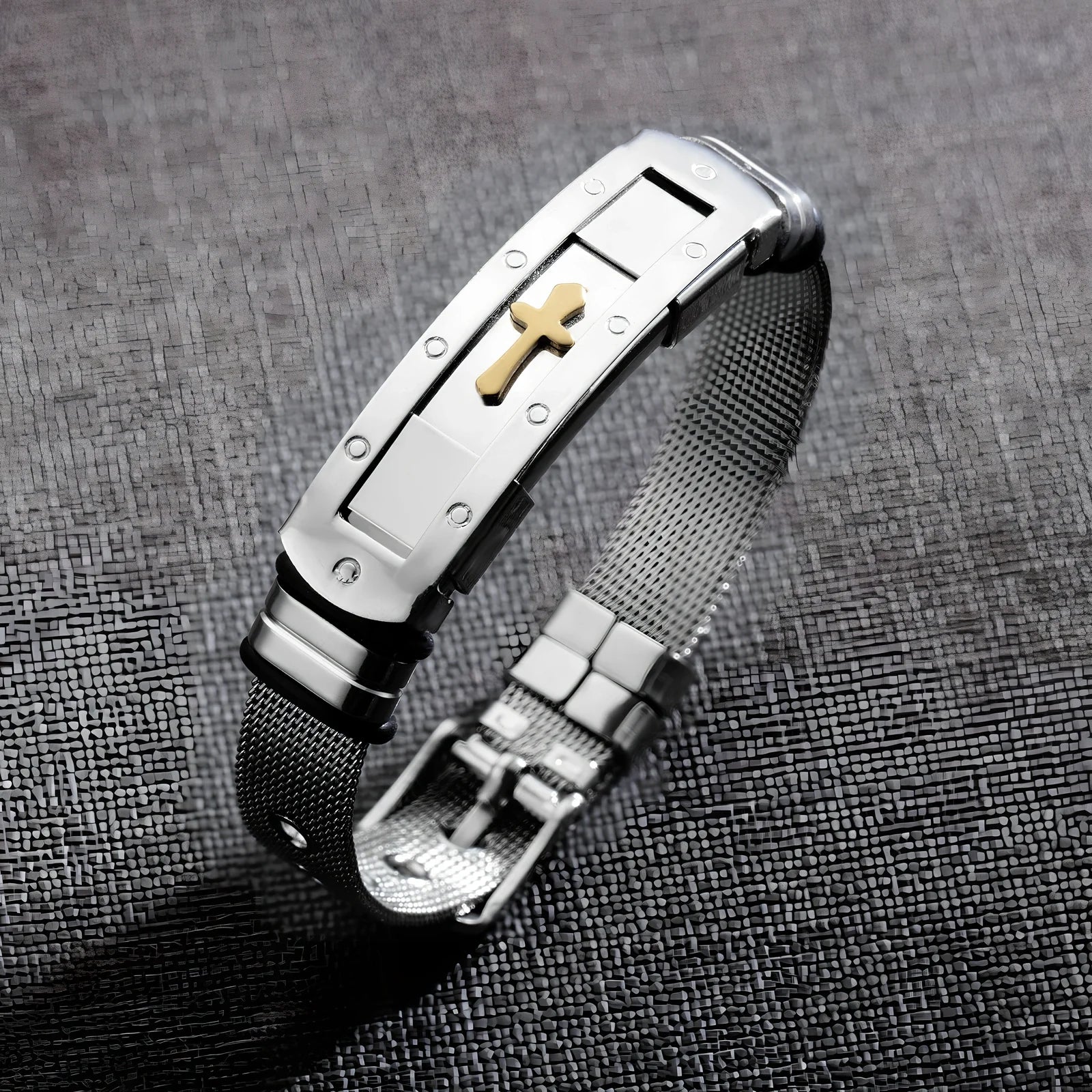 Men's adjustable stainless steel cross Bible charm bracelet, 12mm width, 17.5-22cm length, rust-resistant 316L metal with rope chain