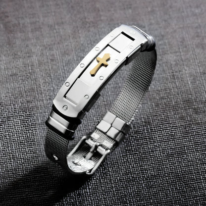 Men's adjustable stainless steel cross Bible charm bracelet, 12mm width, 17.5-22cm length, rust-resistant 316L metal with rope chain