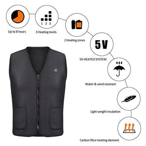 Versatile heated vest for outdoor activities like hiking, fishing, and skiing with adjustable temperature settings and durable construction