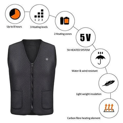 Versatile heated vest for outdoor activities like hiking, fishing, and skiing with adjustable temperature settings and durable construction