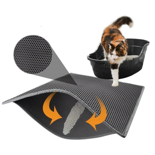 Waterproof honeycomb cat litter pad in black, gray, and blue, sizes S, M, L