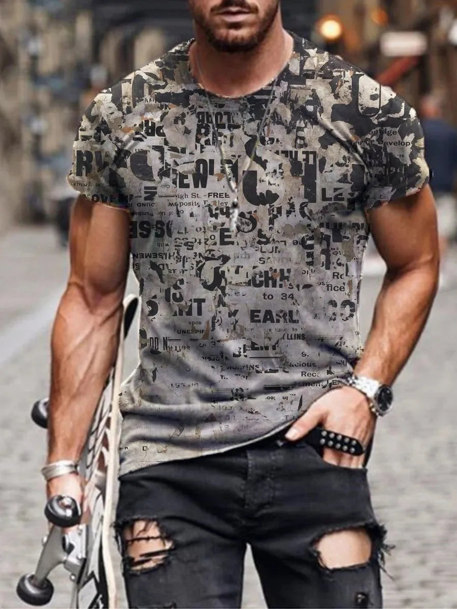 Man wearing a loose fit camouflage print short sleeve t-shirt in milk silk polyester.
