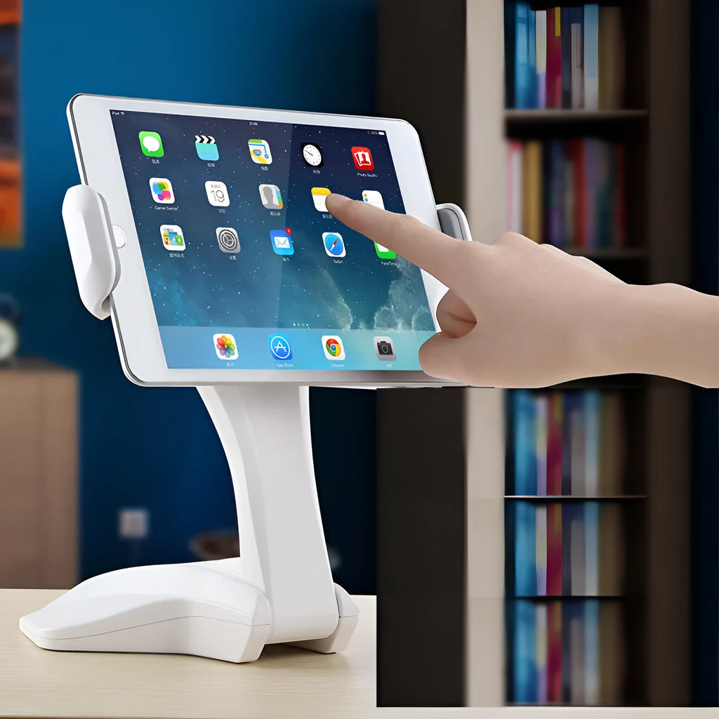 White General Pro tablet lazy support rack on a desk, showing adjustable clip and 250 mm height.