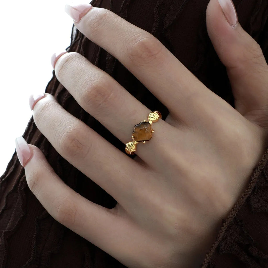 Silver adjustable shell tiger eye ring for women with electroplated finish