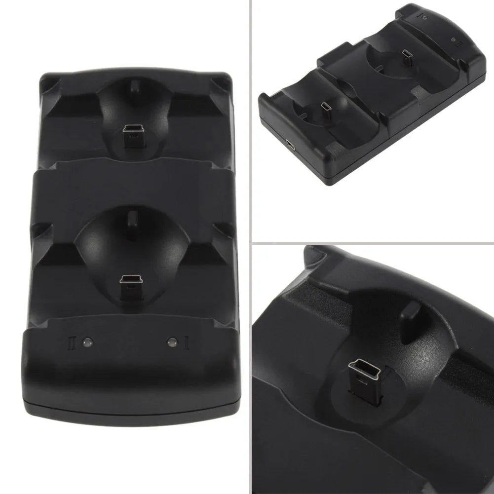 Black PS3 dual charging dock with two controller slots and USB cable