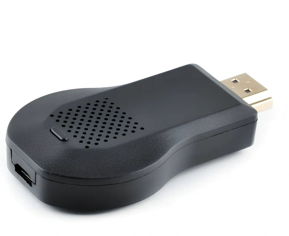 Compact 1080p wireless HDMI dongle in black, 6cm long with USB cable for TV streaming