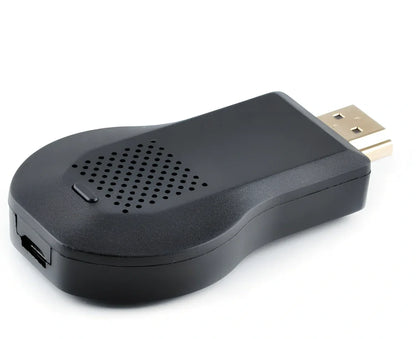 Compact 1080p wireless HDMI dongle in black, 6cm long with USB cable for TV streaming