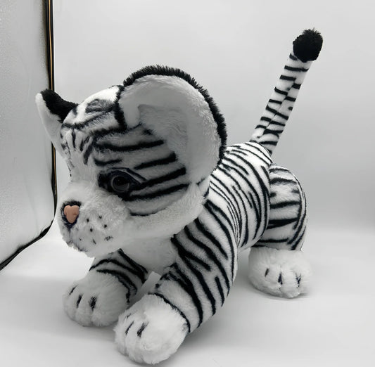 White curious plush tiger toy 25cm tall with black stripes and embroidered eyes for girls play