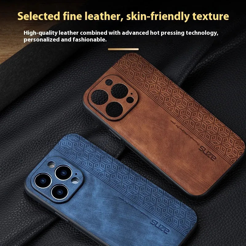 Imitation leather phone case with embossed pattern in blue for Apple iPhone, showing textured surface and cutouts