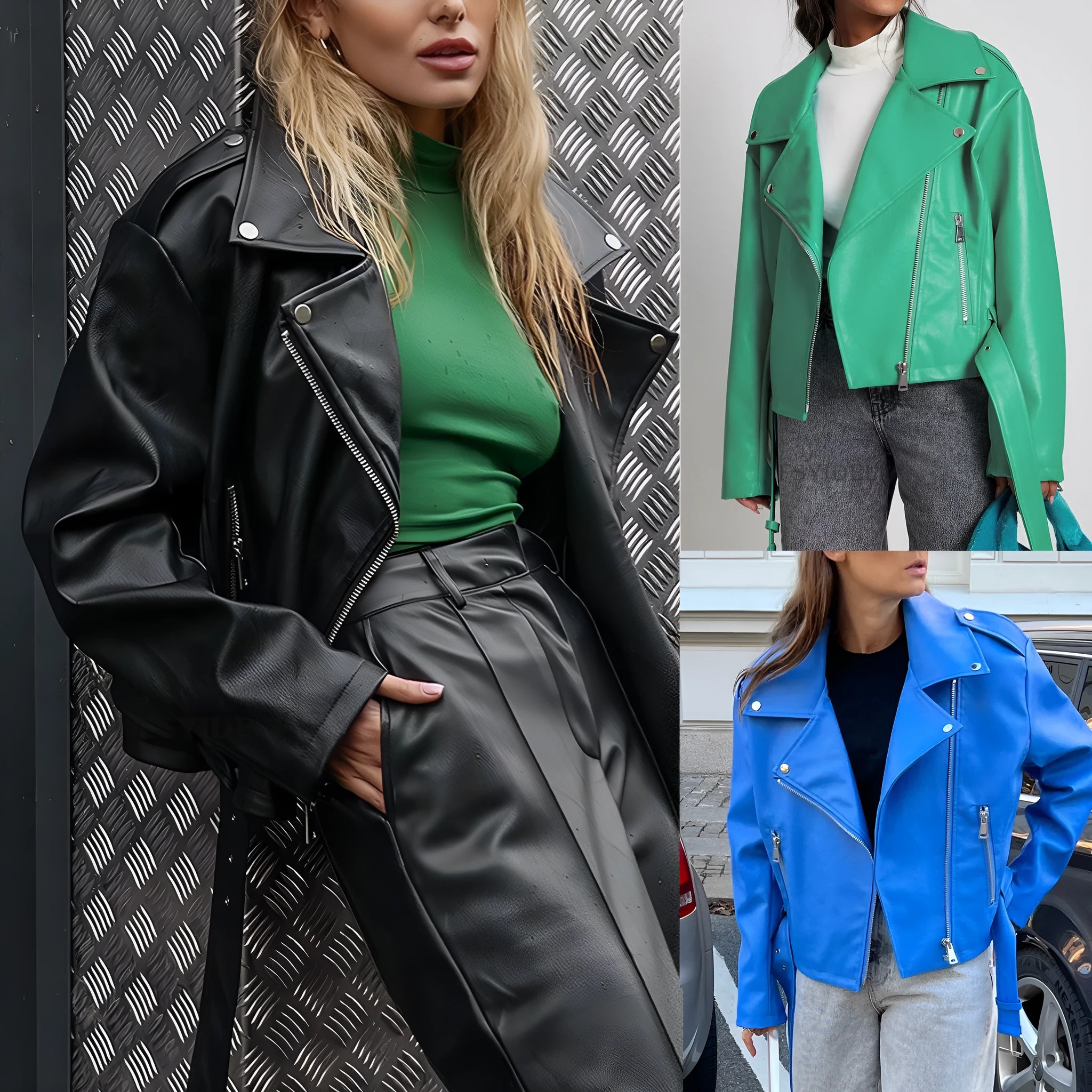 Punk style short jacket with Peter Pan collar and drawstring waist in black leather-look fabric.