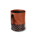 Black retractable leather car rubbish bin with carry handle, shown in folded and expanded states.