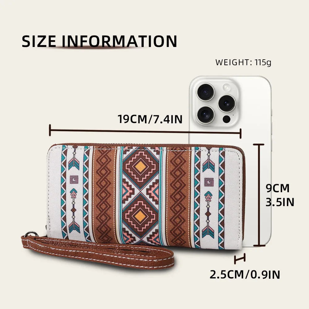 Bohemian striped canvas RFID wallet showing anti-theft function and 20x10x2cm dimensions
