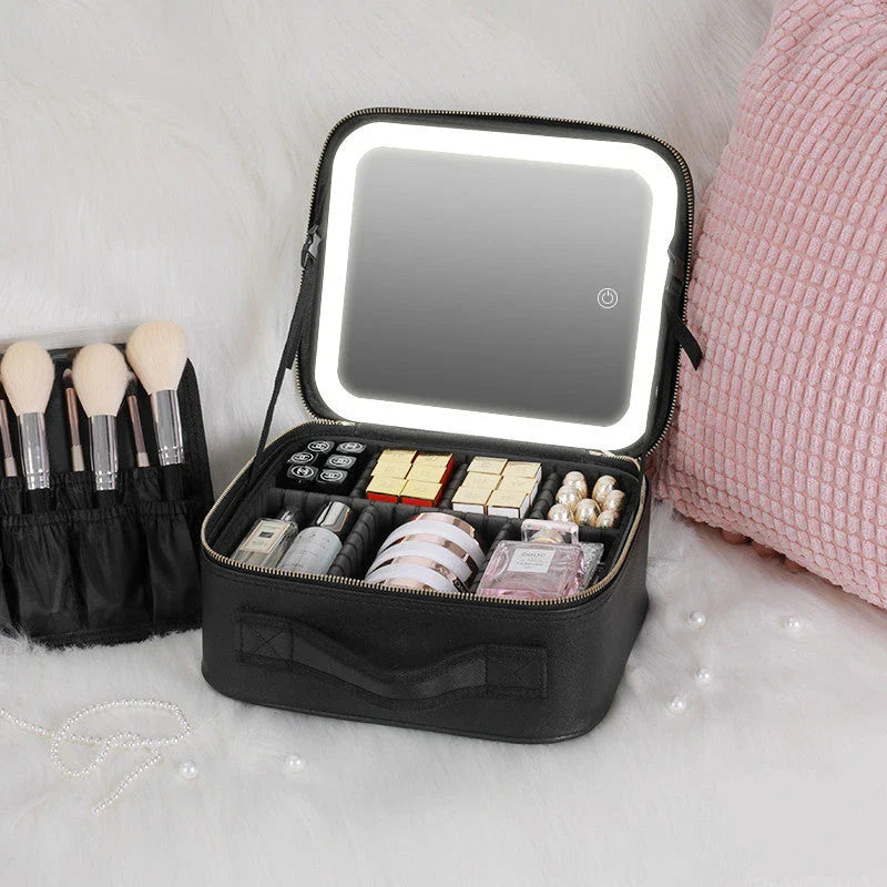 Portable LED Makeup Vanity Case with Adjustable Lighting, 4K Mirror, and Ample Storage for Makeup Essentials