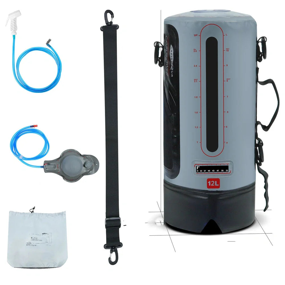 Grey 12L PVC solar shower bag measuring 43cm tall with 17cm diameter for outdoor camping