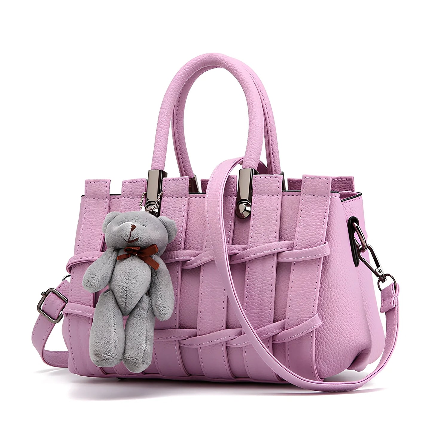 Women's black PU leather shoulder handbag showing four internal organisational compartments and adjustable strap