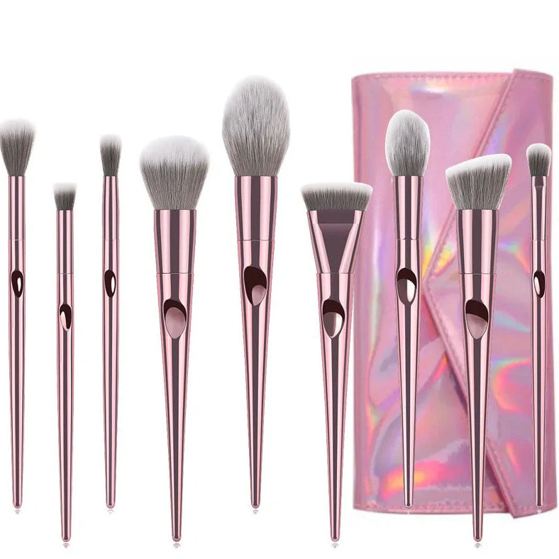 10 makeup brushes with thumbprint grips and nylon bristles in assorted sizes