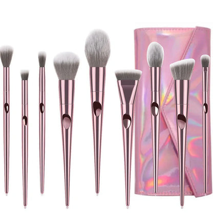 10 makeup brushes with thumbprint grips and nylon bristles in assorted sizes