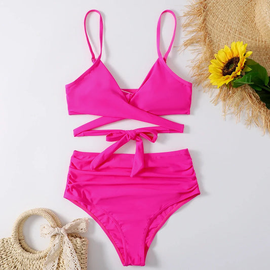 Spa ladies split bikini swimwear in multicolor stripes with nylon fabric, showing six colour options