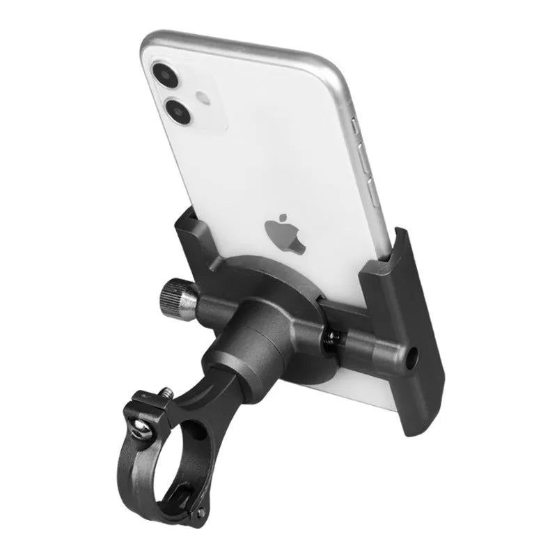 Aluminium alloy bicycle phone holder mounted on handlebars with mobile phone secured