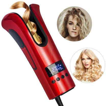 Automatic curling iron with gold ceramic barrel and LCD temperature display in black or red