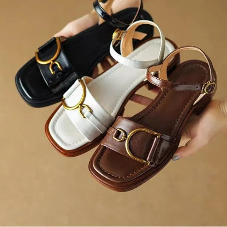 Women's thick-soled leather casual sandals with round toe and buckle fastening in neutral colours