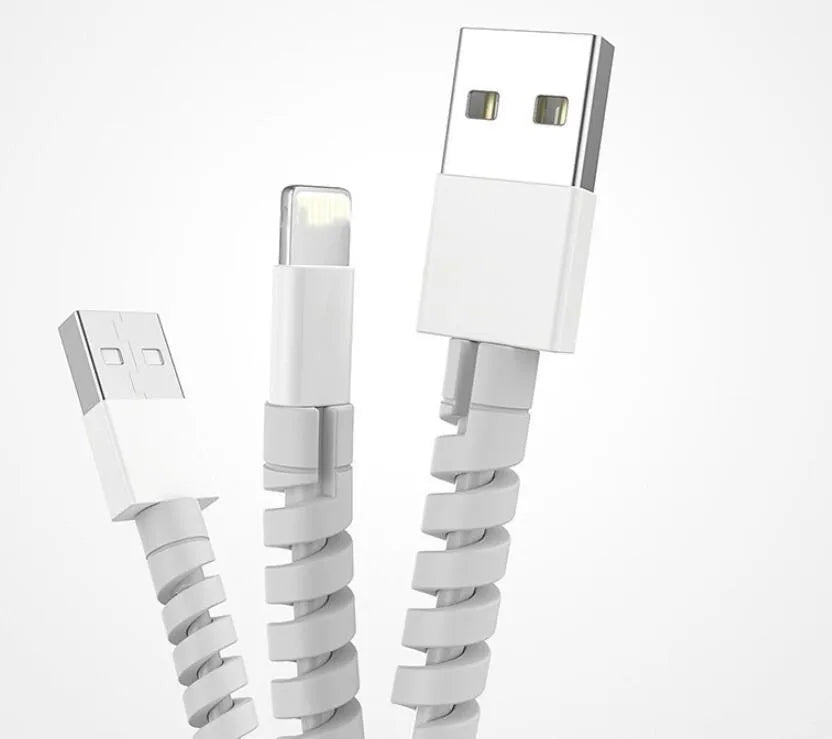 Close-up of a black rigid plastic charging cable protector next to a smartphone charging cable.