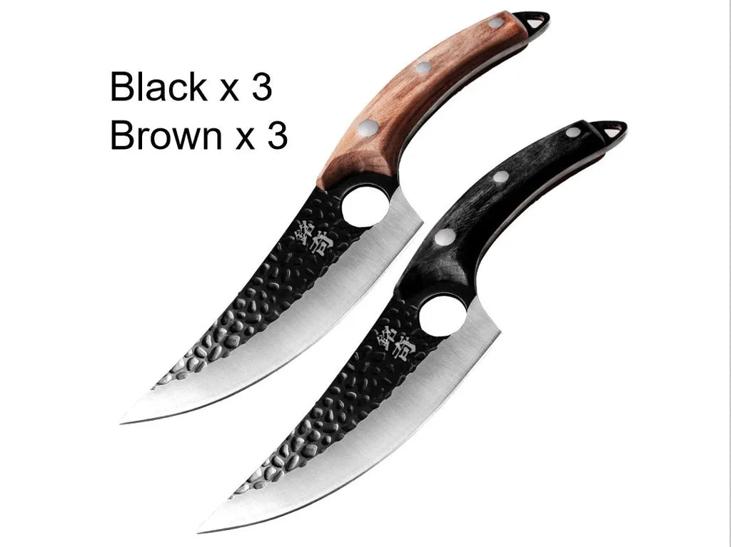 Butcher knife set with small scimitar skinning boning knife and leather sheath