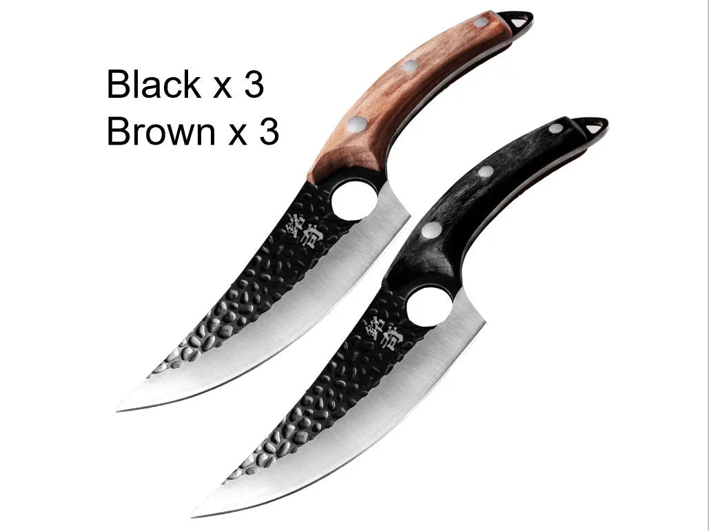Butcher knife set with small scimitar skinning boning knife and leather sheath
