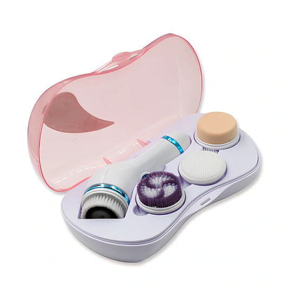 Blue 4-in-1 electric facial cleansing brush with exfoliating head, soft sponge, silicone brush, and travel case for deep pore cleaning