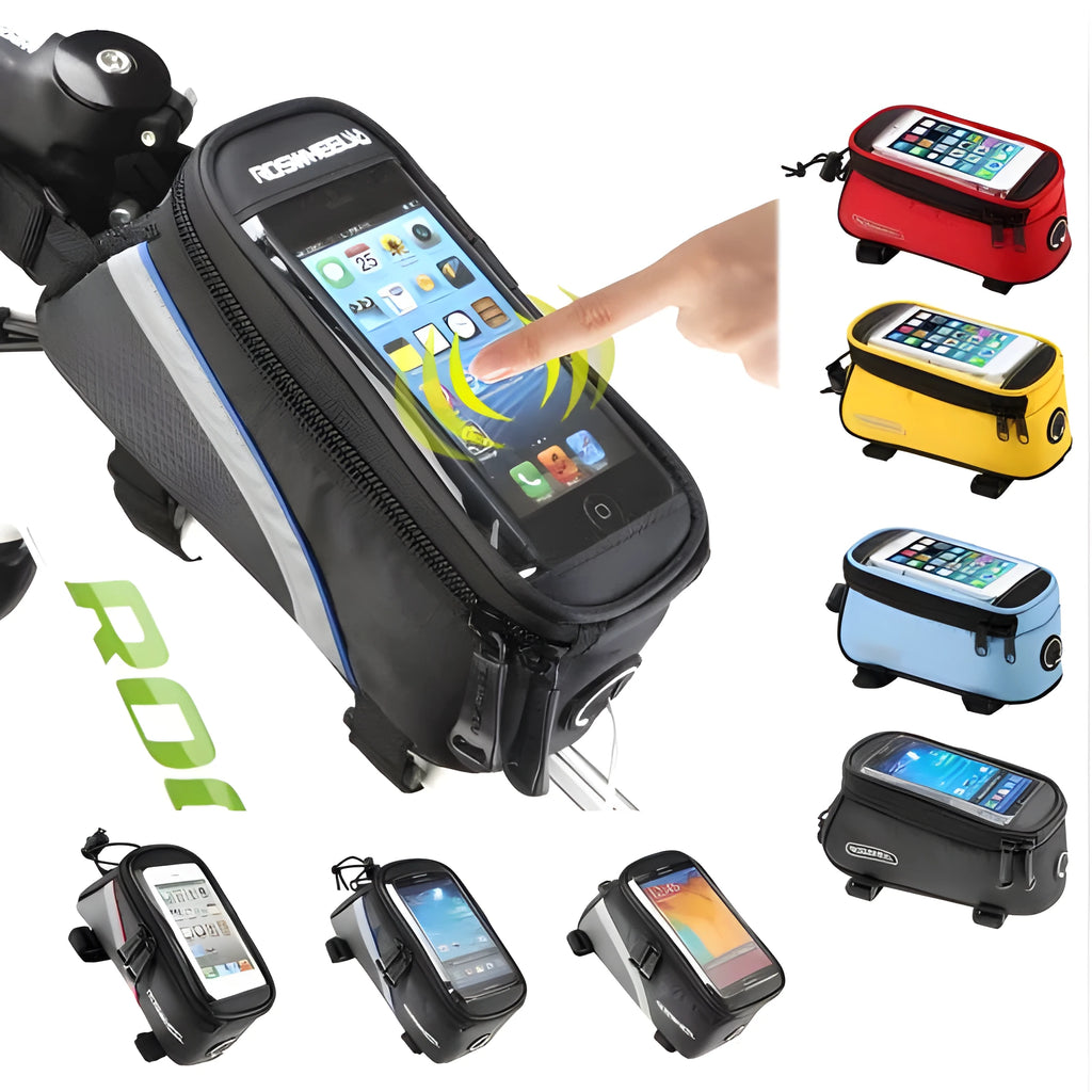 Waterproof PVC bicycle frame bag for iPhone storage in black, mounted on bike frame