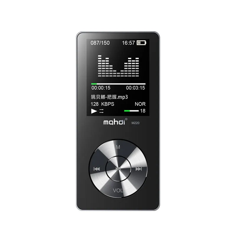 Gold all-metal MP3 music player with 1.8-inch screen showing music interface.