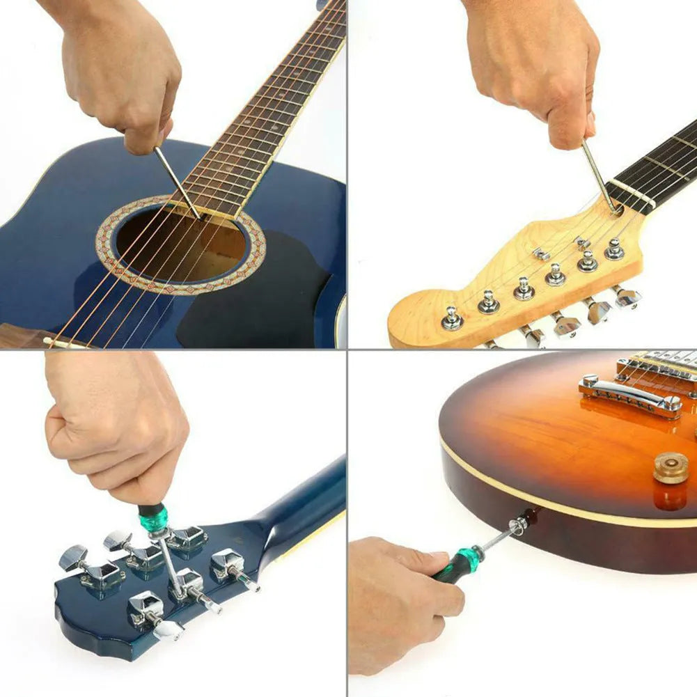 Black plastic and metal guitar repair tool kit for guitar bass mandolin banjo