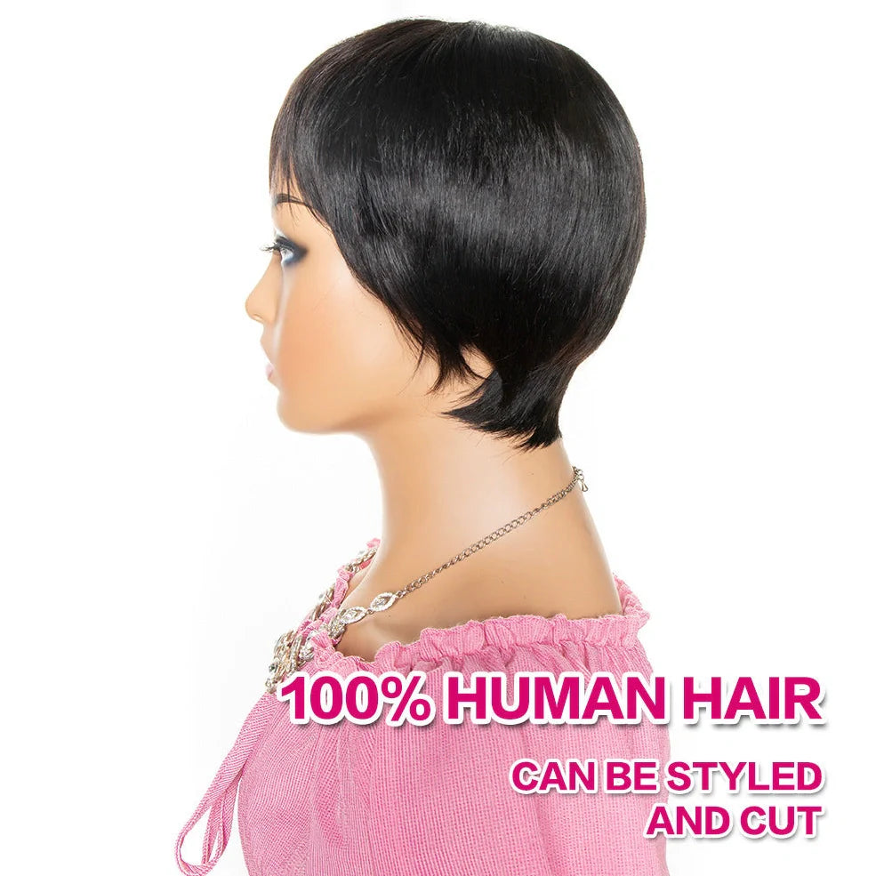 Short black pixie cut human hair wig with bangs on adjustable cap