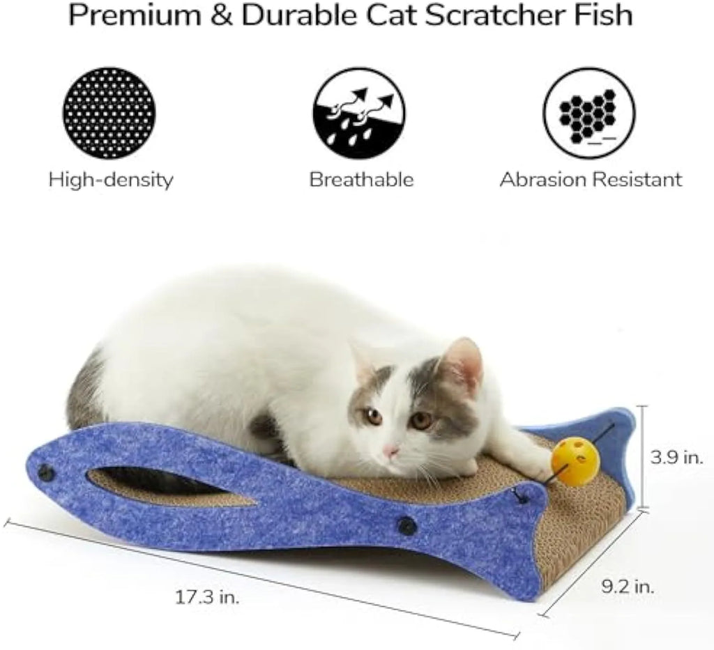 Blue fish-shaped cardboard cat scratcher lounge with a red bell toy for indoor cats.
