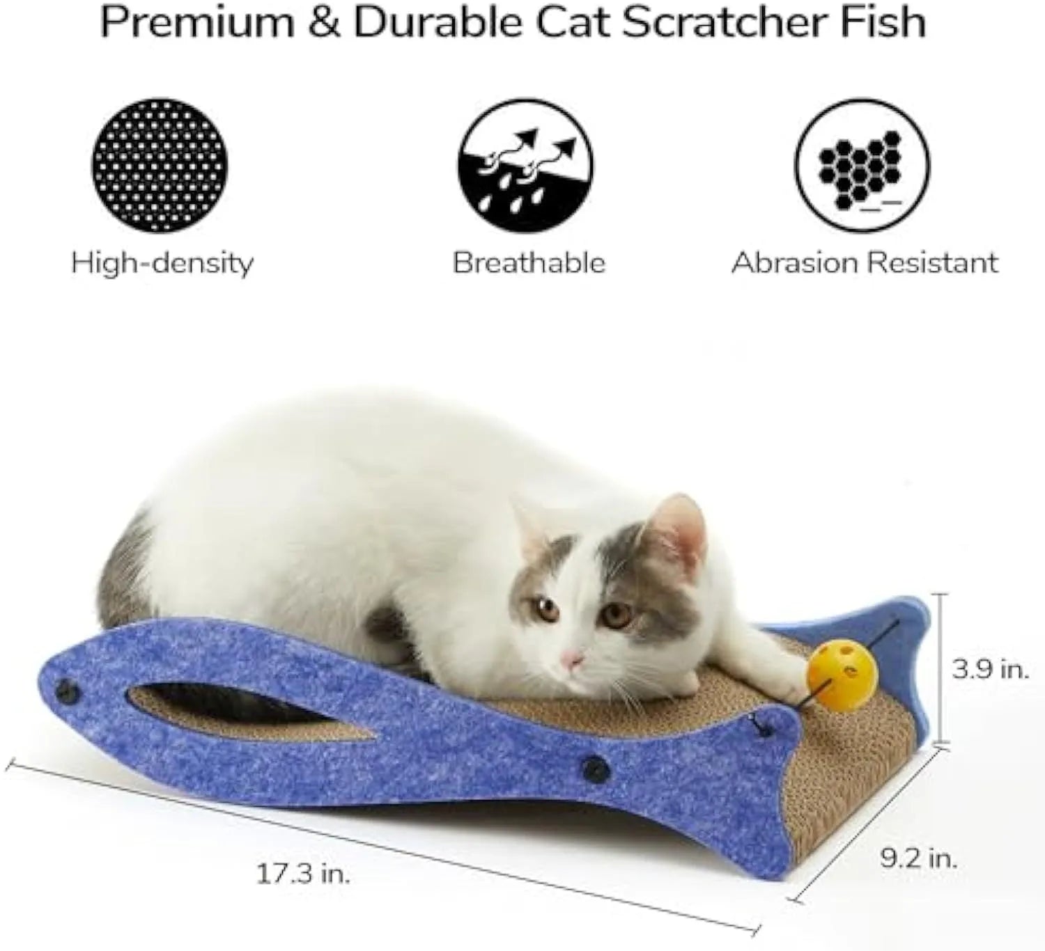 Blue fish-shaped cardboard cat scratcher lounge with a red bell toy for indoor cats.