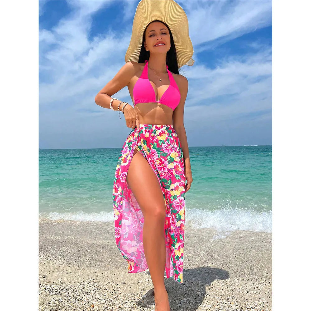 Sexy high slit three-piece printed swimsuit set for women in floral pattern, Lake Green colour
