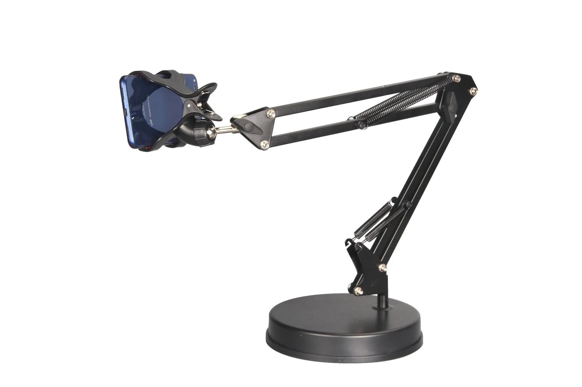 Black adjustable phone stand with 23cm long arm and weighted base for desktop use