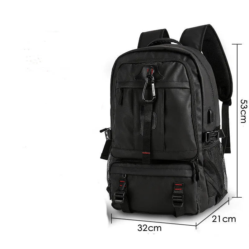 Oxford cloth large capacity travel backpack in black with USB charging port and multiple zippered pockets