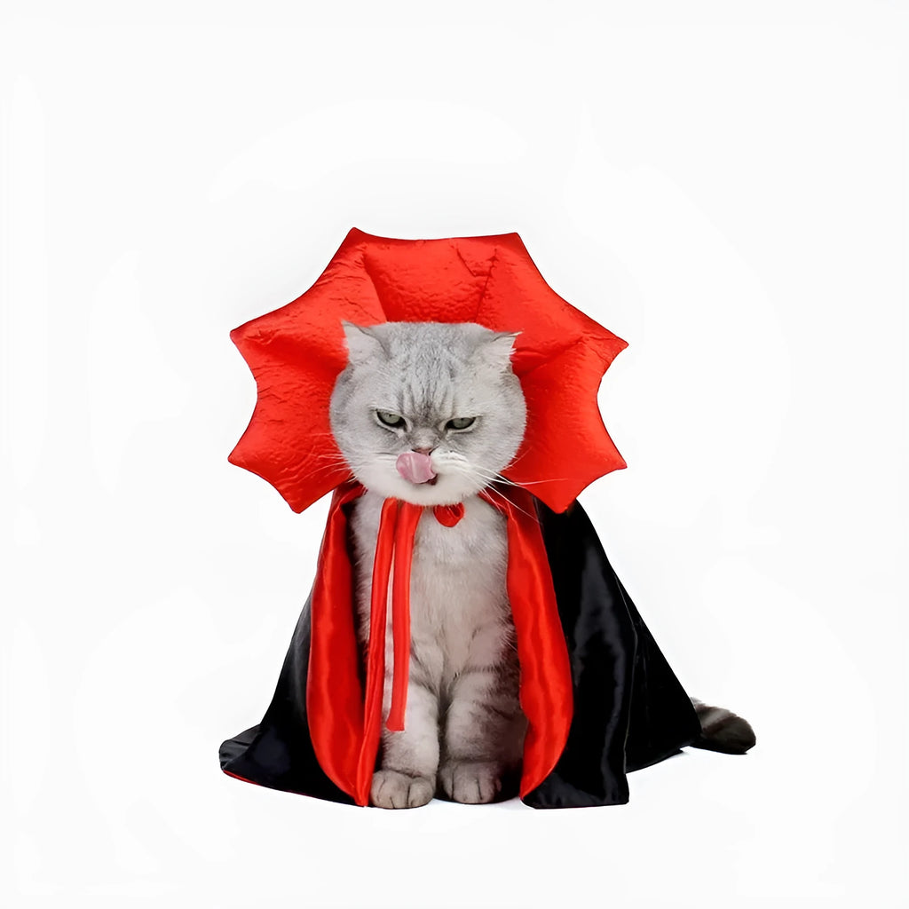 Vampire Halloween cloak costume for small dogs and cats showing three size options with measurements