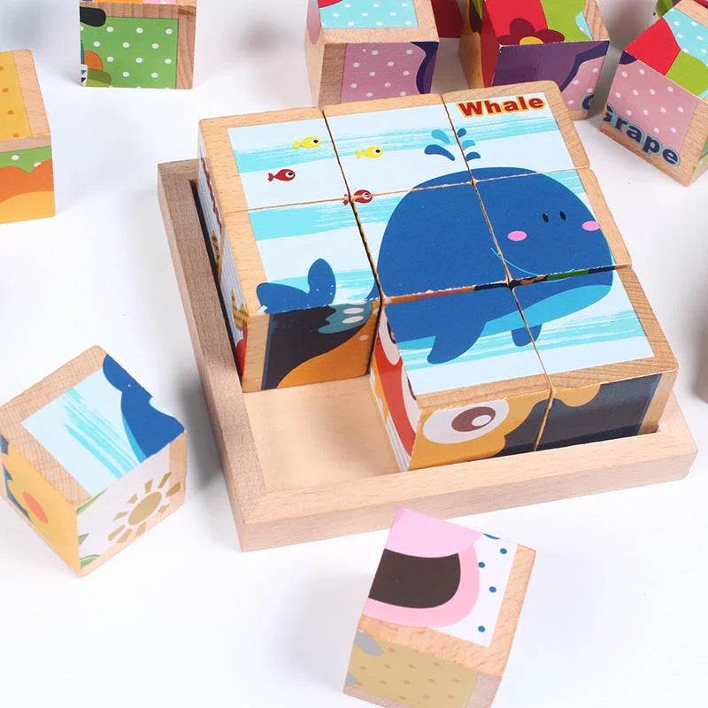 Six-face wooden jigsaw puzzle for children with six unique educational patterns