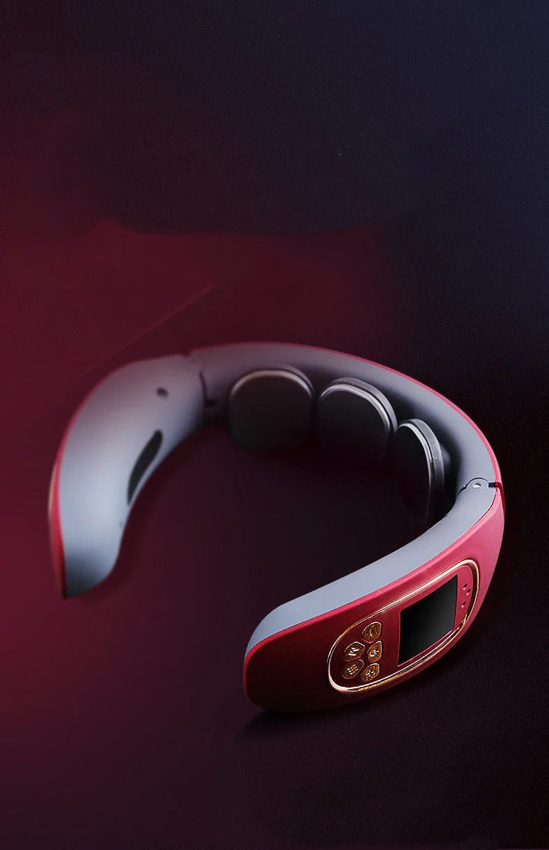 Multi-function Intelligent Neck Cervical Massager in white and red, featuring 4 modes and 15 gears