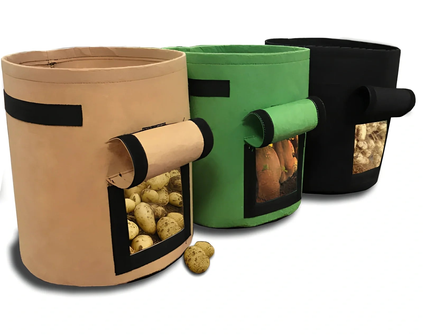 Black breathable non-woven plant growth bag with side window and double handles for potato cultivation