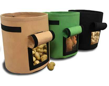 Black breathable non-woven plant growth bag with side window and double handles for potato cultivation