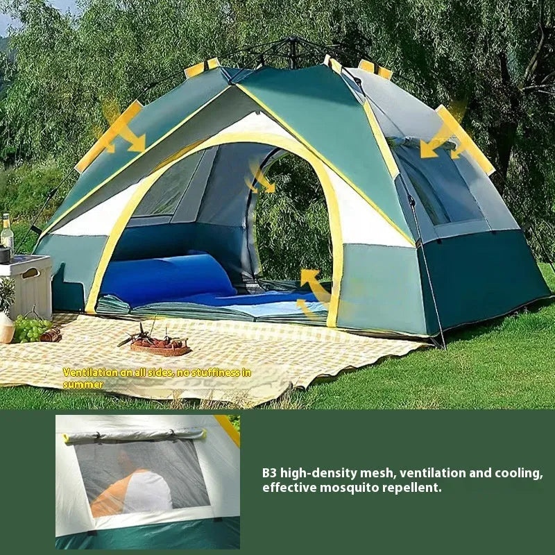 Dark green silver glue automatic quick-open camping tent for 3-4 people, shown erected outdoors.