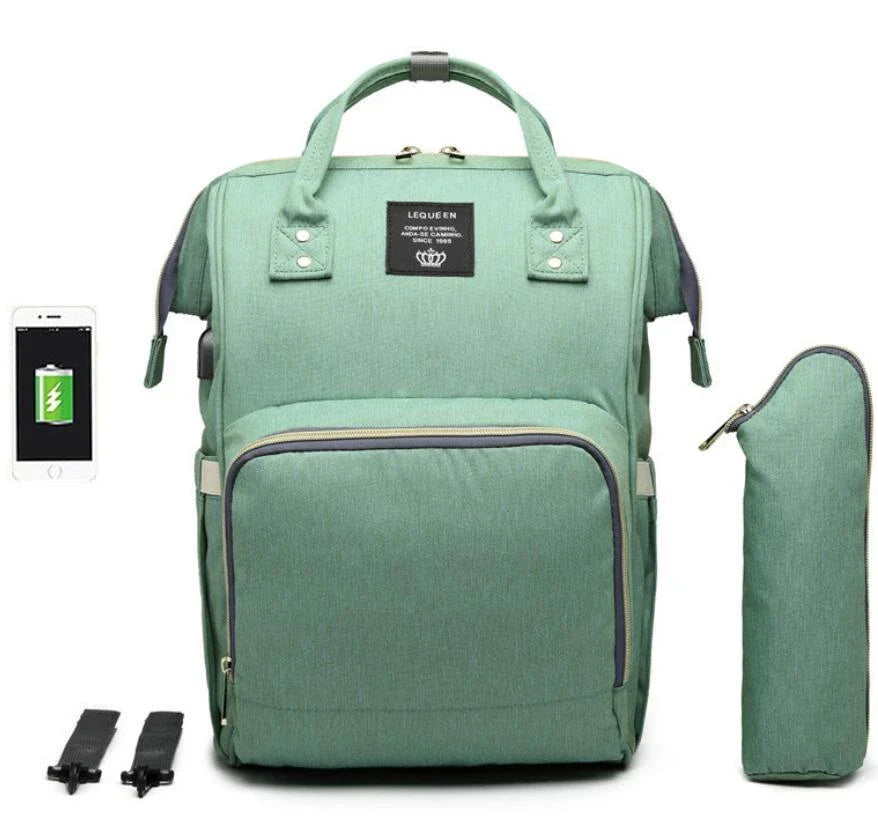 A stylish and practical mummy backpack with features like an insulated bottle compartment, USB charging port, and water-resistant construction.