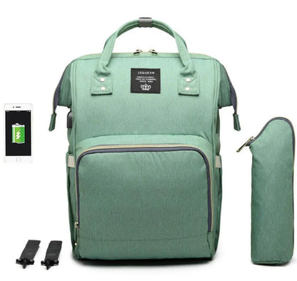 A stylish and practical mummy backpack with features like an insulated bottle compartment, USB charging port, and water-resistant construction.