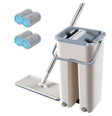 Microfiber flat mop with 360-degree rotating head and bucket for wooden and tile floor cleaning