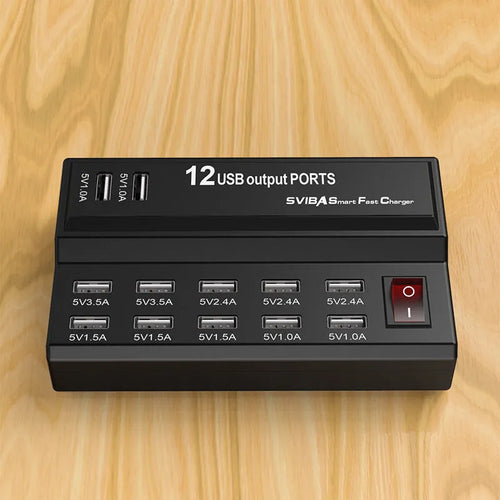 12 port USB fast charger YCYD-A19 with ABS PC fireproof housing, 13.5 x 8.5 x 3.5 cm, white, showing front panel with USB ports